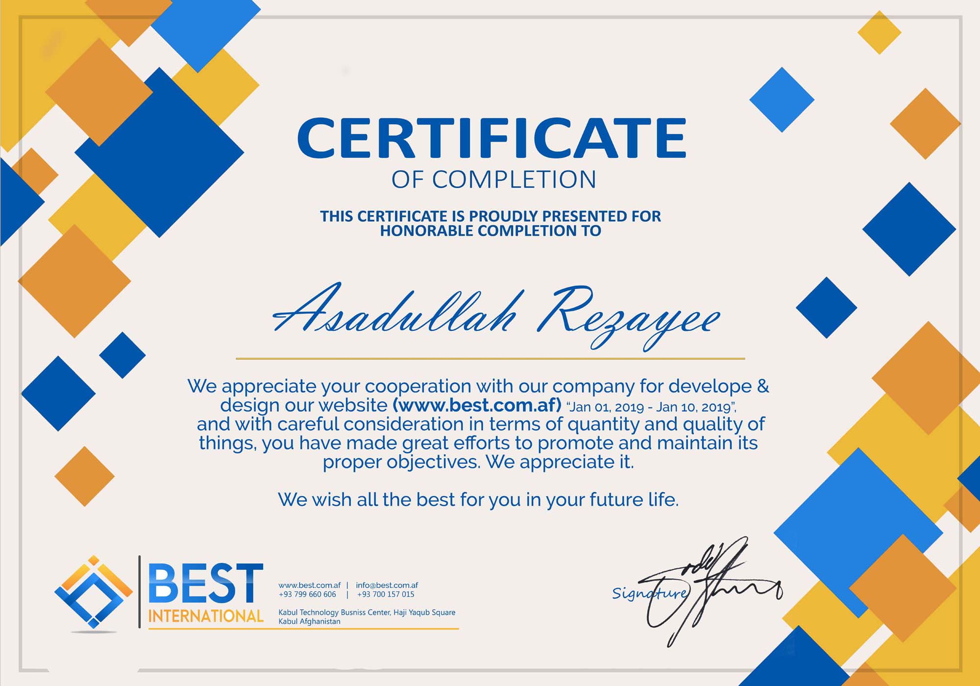 Certificate of Appreciation for Website  Development